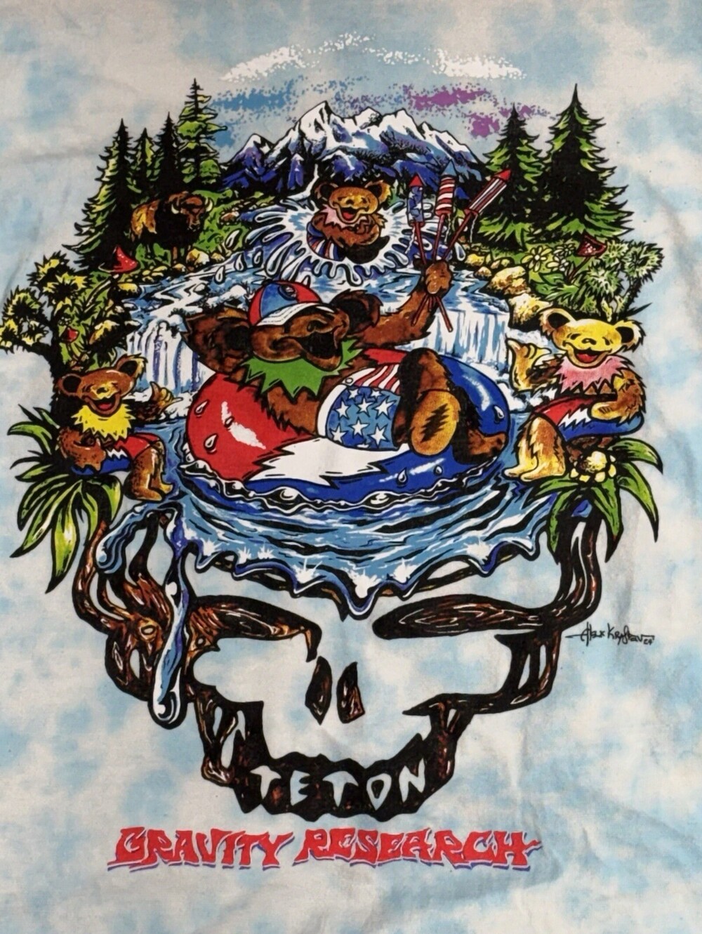 Teton Gravity Research t Shirt Grateful Dead Stealie Bears River Tubing Tie Dye